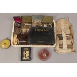 A tray of collectables to include cased Hardings improved counter, razors, pocket knife, whistle,