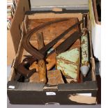 A box of vintage tools, painted brass garden sprayer, various spanners, mallet and planes etc.