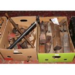 Two boxes of vintage wood planes, stirrup pump, hand drills, blow lamp etc.
