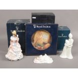 Three ceramic figures to include Royal Doulton Sharon signed to base, Royal Doulton new baby,