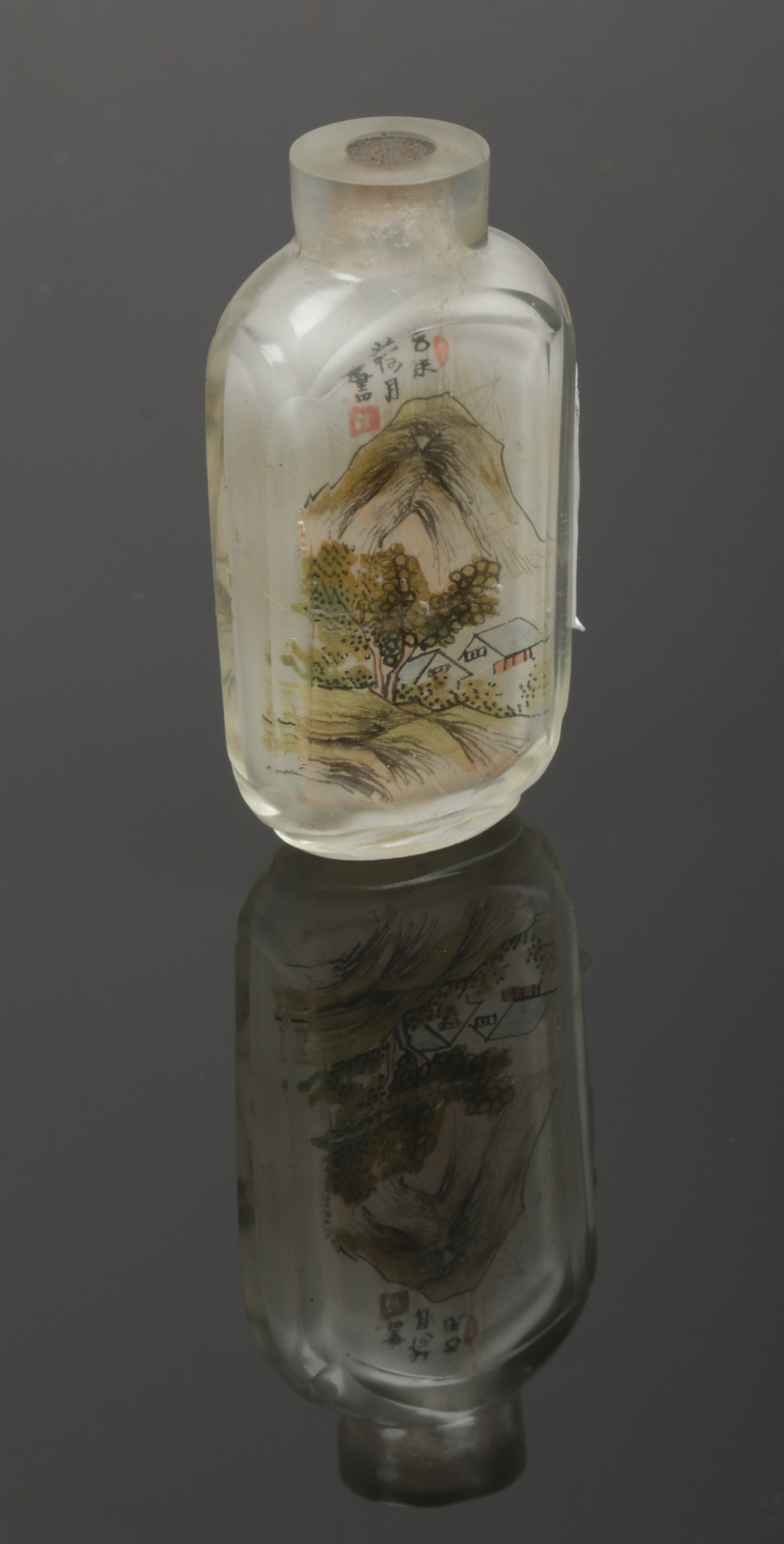 A Chinese glass scent bottle with cut mouldings. Painted inside out with a crane under a pine tree - Image 2 of 2