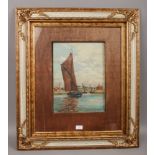 G. Goodsel ornate gilt framed oil on canvas ship dock scene, dated 1950.