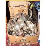 A box of cased cutlery and metalwares, silver plate etc.