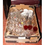A box of mainly glasswares to include a set of 8 Babycham glasses, Britvic, Cherry B etc.