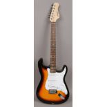 A Johnny Brook sunburst fender Stratocaster style electric guitar.