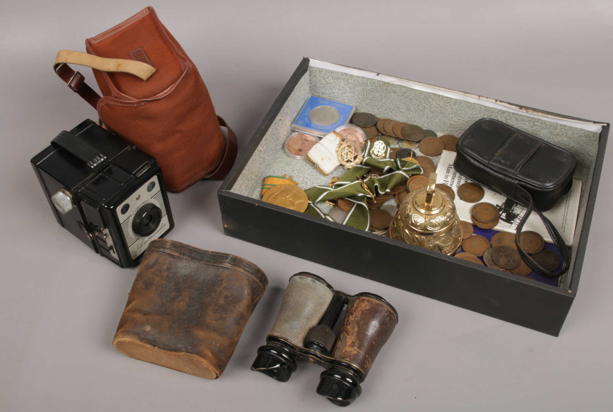 A box of collectables including Coronet Ambassador camera, masonic medals, pre decimal coins and