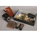 A box of collectables including Coronet Ambassador camera, masonic medals, pre decimal coins and