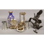 A group of collectables to include cloisonne vase, sand timer, lantern clock etc.