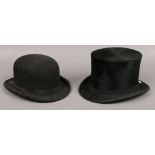 A Bourne & Hussey top hat, along with a Moores bowler hat.