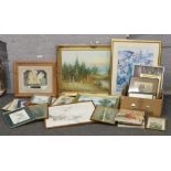 A collection of pictures and prints to include large gilt framed oil on canvas.