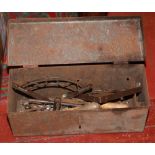 A small tool box and contents of hand tools, mainly spanners.