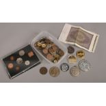 A collection of coins, badges, medals and bank notes. Including five 100,000 mark Wiemar Republic
