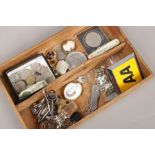 A tray of collectables including AA badge, pre decimal coins, keys and pocket knives etc.