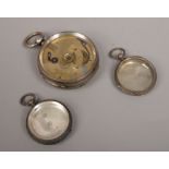 A silver cased pocket watch for scrap, along with two silver fob watch cases.