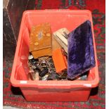 A box of collectables to include cutlery, horse brasses, cigarette lighters, brass trivets, dominoes