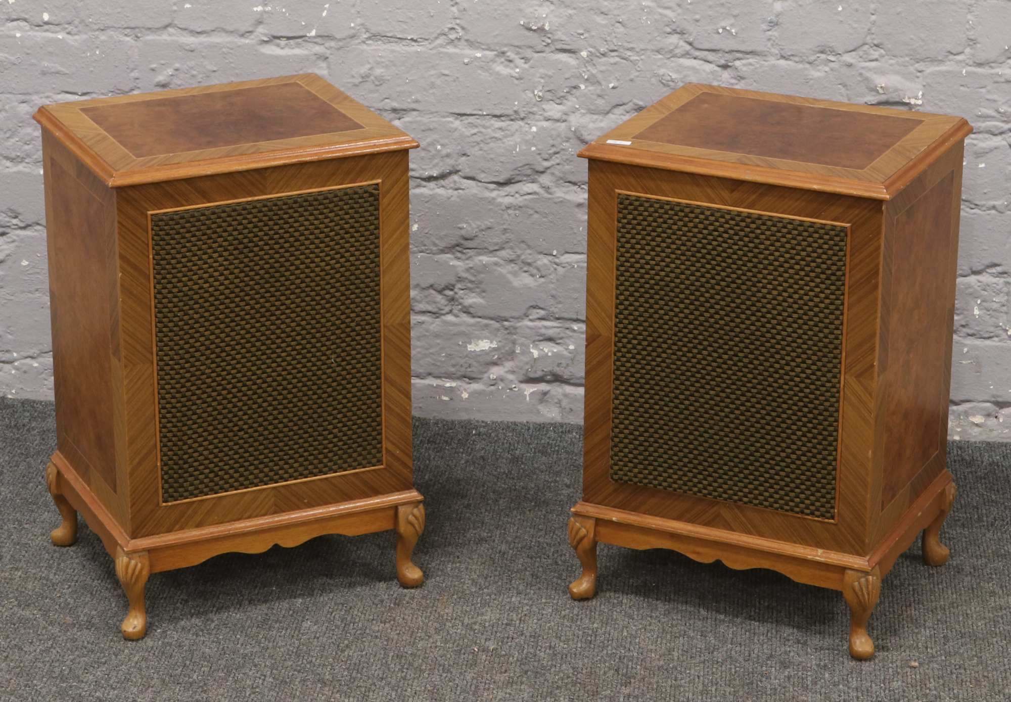 A pair of Period high fidelity stereo speakers in burr walnut cabinets, raised on squat cabriole