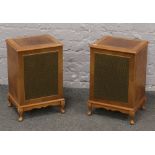 A pair of Period high fidelity stereo speakers in burr walnut cabinets, raised on squat cabriole