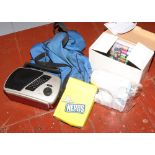 A bag of electricals, miniature sewing machine and cottons, a Willy Wonkas portable cassette player,