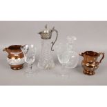 Two copper lustre jugs and a small group of glassware to include etched goblets, decanter etc.