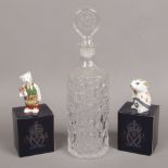 A Whitefriars clear glass decanter and two Royal Crown Derby figures Mouse and Teddy Bear Gardener.