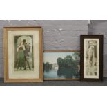 Two framed Frederick Leighton prints, along with a framed needlework depicting a Chinese landscape.