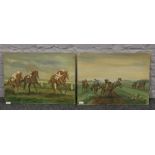 A pair of Janet Brock oil on boards, horse racing scenes.