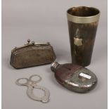A 19th century Scottish horn beaker, silver plated purse and a hip flask.