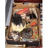 A box of mixed cutlery knives, forks and spoons, along with a tin of buttons carabiner hooks etc.