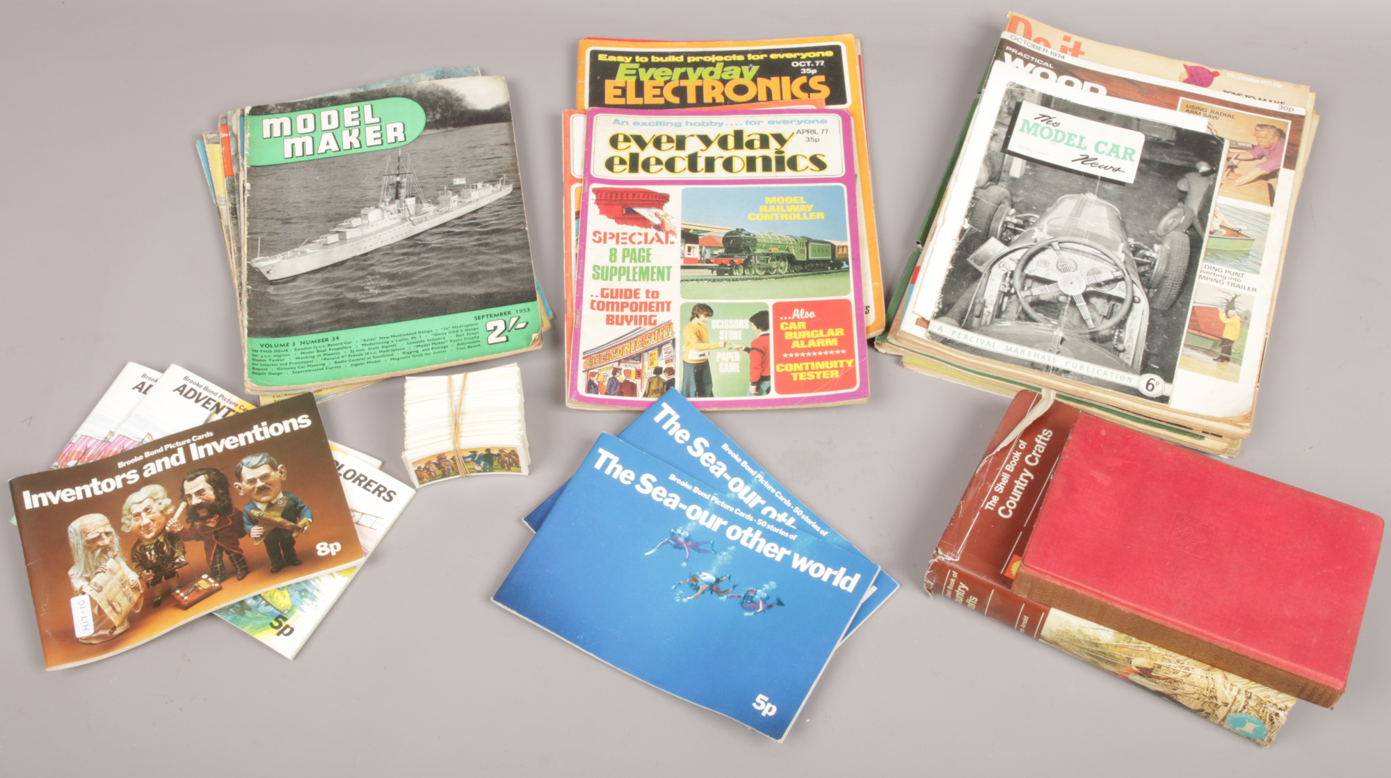 A collection of vintage magazines, Everyday Electronics, Model Maker along with Brooke Bond