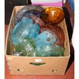 A box of glassware's to include large bowls, vase, glass cake stand, coloured glass etc.
