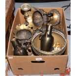 A box of metalwares to include pair of brass vases, large pierced brass pedestal bowl, brass mounted