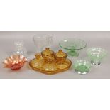 A collection of glassware to include amber coloured dressing table set, carnival glass, green