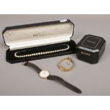 A cased string of Lotus simulated pearls with 9ct gold strap, along with two quartz wristwatches.
