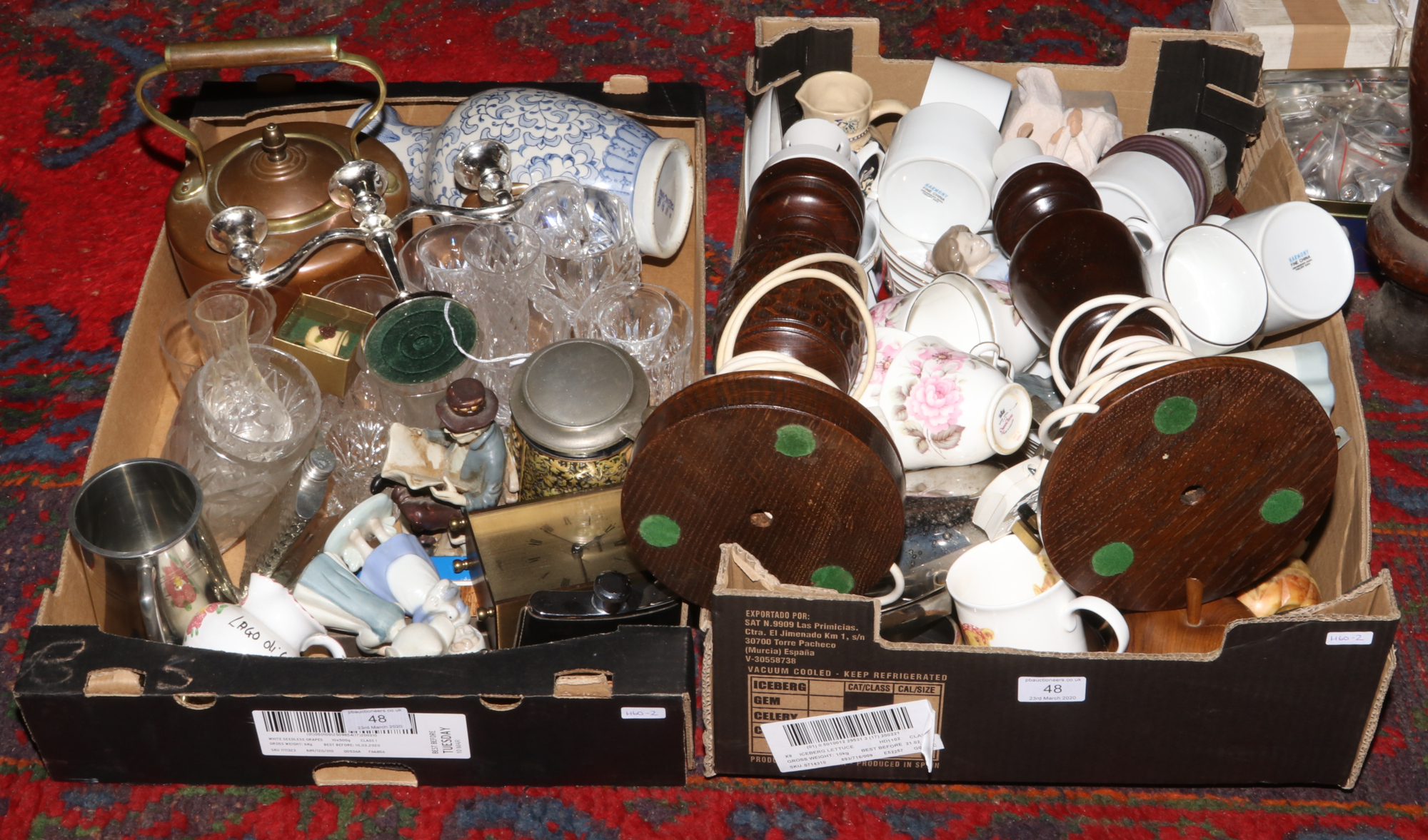 Two boxes of miscellaneous to include Nao figures, copper teapot, blue and white Oriental vase etc.
