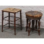 A mahogany leather top stool, along with another rush seat stool.