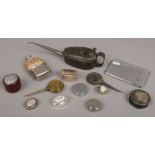 A small box of collectables including liquid filled compass, serviette ring, hip flask, oil cans and