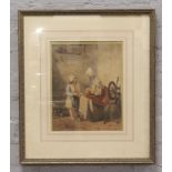 A Victorian school gilt framed watercolour. Genre interior scene with a grandmother and child beside