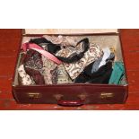 Vintage suitcase to include a collection of ladies dress scarfs.