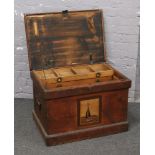 A wooden inlaid carpenters tool chest.