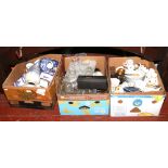 Three boxes of miscellaneous to include blue and white, Wedgwood, glassware etc.