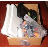 A box of gaming equipment to include Wii fit plus, two Wii balance boards, Wii controller,