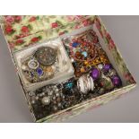 A box of costume and dress jewellery etc including white and coloured paste stones, hardstone set