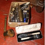 A box of metalwares to include cutlery, Beano extinguisher, spray pump etc.