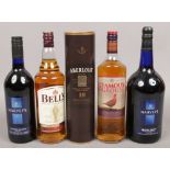 Five full and sealed bottles of alcohol to include Aberlour, Famous Grouse, Bells and Harvey's.