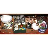 Three boxes of miscellaneous to include chrome fan, Royal Doulton bunnykins, blue and white planter,