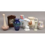 A mixed group to include oak mantel clock, glass vase, Edward VIII commemorative jug etc.