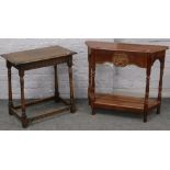 A stained pine side table, along with a carved oak occasional table.