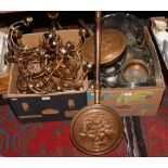 Two boxes of metalwares to include picquot ware, bed pans, ceiling lights etc.