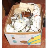 A box of miscellaneous to include silver plate and cut glass cruet, Chinese teawares, stoneware salt