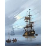 * Jason Les Spence (British b. 1934) framed oil on canvas. Galleon at anchor. With certificate, 50cm